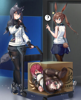 3girls ? ^^^ absurdres aiza-ku amiya_(arknights) anal anal_object_insertion animal_ear_fluff animal_ears ankle_boots anus arknights arms_behind_back bare_arms bare_shoulders bdsm black_capelet black_footwear black_hair black_panties black_pantyhose black_shorts blue_skirt blush bondage boots bound bound_arms bound_legs box breasts brown_pantyhose capelet cardboard_box clipboard detached_wings dildo dildo_under_clothes dildo_under_panties eating energy_wings exusiai_(arknights) fingerless_gloves full_body gag gloves hair_over_one_eye hallway halo hidden hidden_bondage highres id_card improvised_gag in_box in_container indoors jacket long_hair long_sleeves looking_at_another looking_down lying medium_breasts miniskirt multiple_girls no_shoes object_insertion on_back panties pantyhose pantyhose_under_shorts pussy pussy_juice rabbit_ears rabbit_girl rabbit_tail red_eyes red_hair rope sex_toy shibari shibari_over_clothes shibari_under_clothes shirt short_hair shorts skirt sleeveless sleeveless_shirt speech_bubble spoken_question_mark stealth_sex tail tape tape_gag texas_(arknights) thigh_strap thighband_pantyhose torn_clothes torn_pantyhose underwear vaginal vaginal_object_insertion walking white_jacket wings wolf_ears wolf_girl wolf_tail