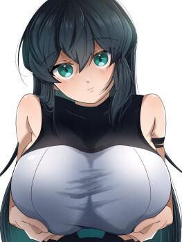 1girl black_hair breasts colored_inner_hair covered_collarbone green_eyes green_hair grey_shirt gundam gundam_build_divers gundam_build_divers_re:rise head_tilt highres huge_breasts juice_(jule_tyaojule) light_frown long_hair looking_at_viewer may_(gundam_build_divers_re:rise) multicolored_hair shirt simple_background sleeveless sleeveless_shirt solo very_long_hair white_background