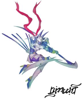 Rule 34 | 1girl, armor, crescent, dianamon, digimon, digimon (creature), double blade, full body, high heels, highres, holding, holding scythe, mask, mouth mask, nimadj, pink scarf, red eyes, scarf, scythe, shoulder armor, signature, simple background, solo, white armor