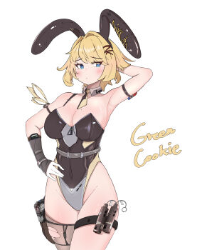 1girl absurdres alternate_costume animal_ear_hairband animal_ears arm_strap arm_up armpits bare_shoulders black_leotard black_sleeves blonde_hair blue_eyes blush breasts cleavage closed_mouth collarbone commentary covered_navel cowboy_shot detached_collar detached_sleeves explosive fake_animal_ears girls'_frontline girls'_frontline_2:_exilium gloves green_cookie grenade groin gun hair_intakes hair_ornament hairband hairclip hand_on_own_hip highleg highleg_leotard highres holster holstered large_breasts leotard looking_to_the_side mole mole_on_breast mole_under_eye necktie nikketa_(girls'_frontline_2) playboy_bunny rabbit_ear_hairband rabbit_ears short_hair short_necktie sidelocks signature simple_background single_thighhigh solo standing strapless strapless_leotard swept_bangs thigh_holster thighhighs torn_clothes torn_thighhighs vsk-94_(girls'_frontline) weapon white_background white_gloves yellow_necktie