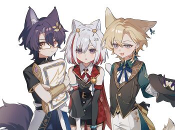 Rule 34 | 1girl, 2boys, aged down, animal ears, aventurine (honkai: star rail), bare shoulders, black hat, blonde hair, blue eyes, blush, cat ears, cat tail, children&#039;s day, closed mouth, colored inner hair, commentary request, detached sleeves, dr. ratio (honkai: star rail), glasses, hair ornament, hairclip, hat, highres, honkai: star rail, honkai (series), kemonomimi mode, looking at viewer, multicolored eyes, multicolored hair, multiple boys, nanyi46293, numby (honkai: star rail), open mouth, pillow, purple eyes, purple hair, red eyes, red hair, short hair, tail, topaz (honkai: star rail), trotter (honkai: star rail), white hair