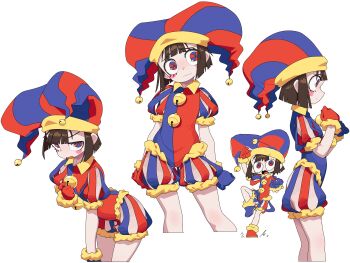 1girl adapted_costume arched_back arms_at_sides asymmetrical_gloves bell blue_eyes blue_gloves blue_shoes blunt_bangs blush blush_stickers brown_hair closed_mouth cowboy_shot cropped_legs embarrassed female_focus flat_chest from_side gloves half-closed_eyes hand_up hands_up hat head_tilt jaggy_lines jester_cap jingle_bell leaning_forward looking_at_viewer looking_to_the_side mismatched_gloves mismatched_shoes multicolored_eyes multiple_views neamosub nose_blush open_mouth pomni_(the_amazing_digital_circus) puffy_short_sleeves puffy_sleeves raised_eyebrows red_eyes red_gloves red_shoes shoes short_hair short_jumpsuit short_sleeves sidelocks simple_background standing the_amazing_digital_circus two-tone_hat two-tone_jumpsuit v-shaped_eyebrows wavy_mouth white_background