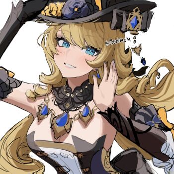 1girl artist_name bare_shoulders black_gloves black_hat blonde_hair blue_eyes blue_nails blush breasts bunnyoki cleavage commentary detached_collar detached_sleeves dress drill_hair earrings english_commentary flower genshin_impact gloves grin hat hat_flower highres jewelry long_hair looking_at_viewer medium_breasts nail_polish navia_(genshin_impact) sidelocks simple_background sketch smile solo strapless strapless_dress twitter_username upper_body white_background