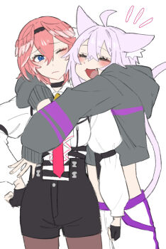 2girls :3 :d ahoge animal_ear_fluff animal_ears black_gloves blue_eyes blush breasts cat_ears cat_girl cat_tail closed_eyes closed_mouth commentary_request fingerless_gloves gloves head_wings high-waist_shorts highres hololive hug karakr_shin large_breasts long_sleeves multiple_girls necktie nekomata_okayu nekomata_okayu_(1st_costume) open_mouth pantyhose pink_hair purple_hair purple_tail shirt short_hair shorts smile tail takane_lui takane_lui_(1st_costume) upper_body virtual_youtuber white_shirt wings