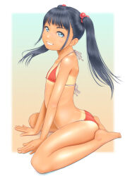 Rule 34 | 1girl, ass, barefoot, bikini, blue eyes, blue hair, commentary request, flat chest, full body, hair bobbles, hair ornament, highres, long hair, looking at viewer, original, red bikini, sitting, smile, solo, swimsuit, tan, tanline, twintails, uzuki mei
