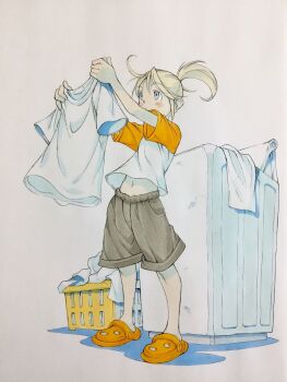 1girl arms_up basket black_shorts blonde_hair blue_eyes child commentary_request crocs full_body high_ponytail highres holding holding_shirt holding_unworn_clothes laundry laundry_basket looking_at_object midriff navel orange_shirt orange_shoes original peter_salt ponytail raglan_sleeves shirt shoes short_hair short_ponytail shorts solo standing top-load_washing_machine traditional_media unworn_shirt washing_machine white_shirt