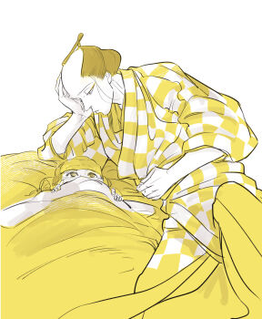 Rule 34 | 2boys, absurdres, byoubunozoki, checkered clothes, chonmage, cold pack, eye contact, fever, haruji (h0000hrj), highres, ichitarou (shabake), looking at another, male focus, monochrome, multiple boys, shabake, sick, topknot, under covers, yellow theme