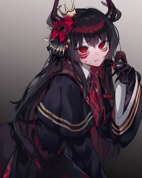 1girl black_hair black_hands black_horns black_shirt black_skirt claws closed_mouth colored_extremities commentary corruption cracked_skin crown flower gradient_background grey_background hair_flower hair_ornament horns long_hair long_sleeves looking_at_viewer mahou_shoujo_no_majo_saiban necktie nikaido_hiro red_eyes red_flower red_necktie shan_(shan_29387473) shirt skirt snake_hair solo spoilers symbol-only_commentary wide_sleeves witch_(manosaba)