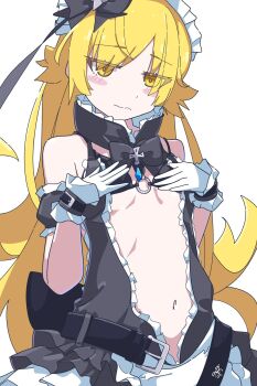 1girl armband belt bikini black_bikini black_bow black_bowtie blonde_hair blush blush_stickers bow bowtie bra closed_mouth collar commentary_request frilled_armband frilled_collar frilled_sleeves frills gloves hair_bow hair_flaps hands_up highres long_hair looking_at_viewer maid_headdress monogatari_(series) navel o-ring o-ring_top oshino_shinobu oshino_shinobu_(maidmade) solo standing sunekos swimsuit underwear upper_body very_long_hair white_background white_gloves yellow_eyes