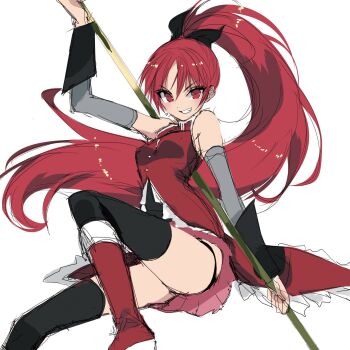 1girl black_thighhighs boots breasts detached_sleeves dress grey_sleeves hand_up highres holding holding_polearm holding_weapon knee_up leaning_back long_hair looking_at_viewer mahou_shoujo_madoka_magica medium_breasts misteor no_pants polearm ponytail red_boots red_dress red_eyes red_hair sakura_kyoko sakura_kyoko_(magical_girl) simple_background sitting sleeveless sleeveless_dress smile solo teeth thighhighs very_long_hair weapon white_background