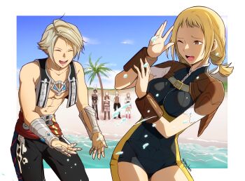 3boys 3girls absurdres armor ashelia_b&#039;nargin_dalmasca balflear basch_fon_ronsenburg beach black_pants black_vest blonde_hair bracer braid breasts brown_eyes brown_hair brown_vest chest_strap closed_eyes cowboy_shot cropped_vest crossed_arms dark-skinned_female dark_skin final_fantasy final_fantasy_xii fran_(ff12) highres igusaharu leather_armor medium_breasts multiple_boys multiple_girls one_eye_closed open_mouth palm_tree pants penelo rabbit_girl shirt short_hair shoulder_armor smile splashing swept_bangs tree twin_braids twitter_username vaan_(ff12) vest viera white_hair white_shirt