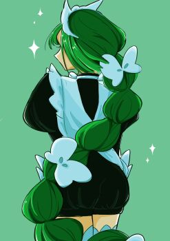 1girl apron ass back black_romper blunt_bangs bow bowtie braid braided_ponytail commentary_request dharu0314 from_behind green_hair highres juliet_sleeves lebanne_(pokemon) long_hair long_sleeves maid maid_apron maid_headdress nintendo pokemon pokemon_legends:_z-a puffy_sleeves romper solo thighhighs white_bow white_bowtie white_thighhighs