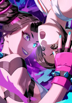 2girls black_hair blue_nails breasts brown_eyes brown_hair choker close-up commentary_request evil_grin evil_smile fighting fingerless_gloves gameplay_mechanics gloves glowing glowing_eyes grin hair_horns han_juri hand_on_another's_head highres lipstick makeup multiple_girls nail_polish ninja open_mouth parted_bangs pink_hair purple_eyes purple_lips revision shiranui_mai sideboob smile street_fighter street_fighter_6 upside-down worried yagi2013