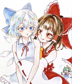 3girls ascot blue_bow blue_dress blue_eyes blue_hair blush bow brown_hair cirno closed_mouth commentary_request daiyousei detached_sleeves detached_wings dress frilled_bow frilled_hair_tubes frills frown green_hair hair_bow hair_ribbon hair_tubes hakurei_reimu highres hug ice ice_wings long_hair multiple_girls neck_ribbon one_side_up open_mouth red_bow red_eyes red_ribbon red_skirt ribbon ribbon-trimmed_sleeves ribbon_trim sahanna short_hair skirt skirt_set smile touhou wings yellow_ascot yellow_ribbon yuri