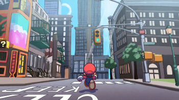 Rule 34 | 1boy, blue overalls, brown shoes, building, chibi, chibi only, city, commentary request, crosswalk, day, gloves, hat, highres, lamppost, long sleeves, male focus, maribou (supermaribou), mario, mario (series), nintendo, outdoors, overalls, red hat, red shirt, road, shirt, shoes, solo, super mario odyssey, traffic light, white gloves, wide shot