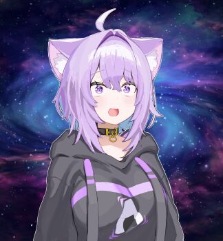 1girl :o ahoge animal_ears black_collar black_hoodie breasts cat_ears collar highres hololive hood hoodie large_breasts meme nekomata_okayu nekomata_okayu_(1st_costume) purple_eyes purple_hair space_cat_(meme) virtual_youtuber yu_yamai