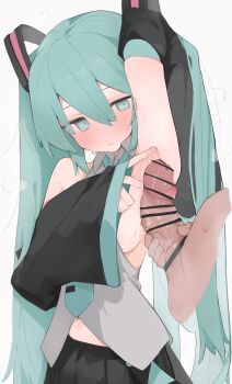 1boy 1girl armpit_focus armpit_sex armpits bar_censor blue_eyes blue_hair blush censored detached_sleeves hatsune_miku hetero highres long_hair mikozin parted_lips solo_focus spread_armpit sweatdrop twintails vocaloid white_background