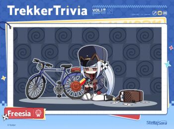 Rule 34 | 1girl, bag, bicycle, bicycle chain, black boots, blue hat, blue jacket, boots, brown bag, chain, character name, closed mouth, collared jacket, collared shirt, commentary, copyright name, copyright notice, deformed, dress shirt, english commentary, english text, envelope, freesia (stella sora), grey hair, grey skirt, hat, high collar, holding, holding chain, jacket, jitome, long hair, long sleeves, messenger bag, official art, pantyhose, pinstripe pattern, pinstripe shirt, pleated skirt, red eyes, red shirt, shirt, shiyoheee, shoulder bag, side ponytail, sidelocks, skirt, solo, stella sora, very long hair, white pantyhose