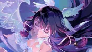 1girl bare_shoulders black_hair bow close-up closed_eyes columbina_(genshin_impact) commentary dress english_commentary eye_mask feathered_wings genshin_impact hair_ornament hair_ribbon koichame long_hair mask multicolored_hair pink_hair ribbon see-through_clothes see-through_mask solo translucent_wings two-tone_hair white_bow white_dress white_ribbon wing_hair_ornament wings