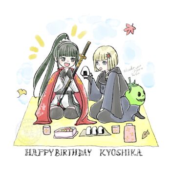 2girls :d :o absurdres autumn_leaves bento black_coat black_gloves black_hair blonde_hair blue_eyes cape coat commentary cup dated dougi english_commentary english_text food gem gem_hair_ornament gloves grey_eyes hair_ornament hairband happy_birthday highres holding holding_food leaf long_hair magadori_kyoshika martial_arts_belt mask mixed-language_commentary multiple_girls onigiri oosuzuki_kurara open_mouth picnic ponytail red_cape red_gemstone rj_octr seiza sheath sheathed short_hair signature sitting smile sword the_hundred_line_-last_defense_academy- unworn_mask weapon white_hairband yunomi