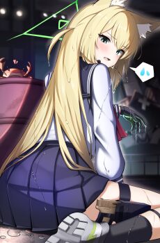 1girl :d absurdres animal_ears black_gloves black_socks blonde_hair blue_archive blue_sailor_collar blue_skirt commentary_request crab fang fox_ears fox_girl from_behind gloves green_eyes green_halo gun halo handgun highres holster holstered kuromiz kurumi_(blue_archive) long_hair long_sleeves looking_at_viewer miniskirt open_mouth pleated_skirt puffy_long_sleeves puffy_sleeves sailor_collar sailor_shirt school_uniform serafuku shirt sitting skin_fang skirt smile socks speech_bubble spoken_sweatdrop sweatdrop thigh_holster two_side_up wariza weapon white_shirt