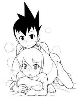 1boy 1girl bad_id blush bow doggystyle geo_stelar_(mega_man) hair_bow heavy_breathing heriyama kodomo_doushi loli long_hair lowres luna_platz_(mega_man) mega_man_(series) mega_man_star_force_(series) sex sex_from_behind shota simple_background sweat white_background