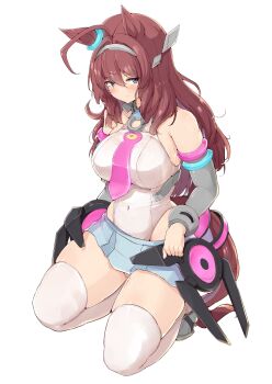 1girl ahoge animal_ears bare_shoulders blue_eyes blush breasts brown_hair closed_mouth commentary_request covered_navel detached_sleeves grey_hairband grey_leotard grey_skirt grey_sleeves hair_between_eyes hairband highleg highleg_leotard highres horse_ears horse_girl horse_tail large_breasts leotard long_hair lowleg lowleg_skirt mihono_bourbon_(mb-19890425)_(umamusume) mihono_bourbon_(umamusume) necktie pink_necktie seiza shinonon_(iso_shino) silver_hairband sitting skirt solo tail thighhighs thighs umamusume white_leotard white_thighhighs
