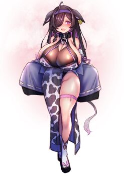 1girl ahoge animal_ears animal_print backless_kimono belt_collar black_collar black_hair blush braid breasts cleavage collar commentary_request cow_ears cow_girl cow_print cow_print_dress cow_print_kimono cow_tail detached_sleeves ear_tag groin hair_over_one_eye hairband hanamaru highres huge_breasts japanese_clothes kagami_uekusa kimono long_hair multicolored_hair nijisanji obijime one_eye_covered parted_bangs pink_ribbon print_kimono purple_eyes purple_hair purple_hairband purple_sleeves ribbon ribbon-trimmed_sleeves ribbon_trim see-through_cleavage see-through_clothes shortstack simple_background socks solo tail thigh_strap thighs virtual_youtuber white_socks yagyu_shino