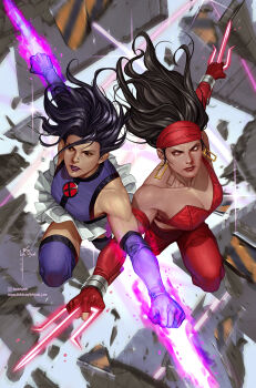 Rule 34 | 2girls, bandana, battle, black hair, blue leotard, bodysuit, breasts, comic cover, cover image, daredevil (series), dual wielding, elbow gloves, elektra, elektra natchios, energy blade, gloves, highleg, highleg leotard, highres, holding, holding weapon, in-hyuk lee, large breasts, leotard, long hair, marvel, multiple girls, official art, psylocke, purple leotard, realistic, red bandana, red bodysuit, red sash, sai (weapon), sash, superhero costume, thighhighs, weapon, x-men