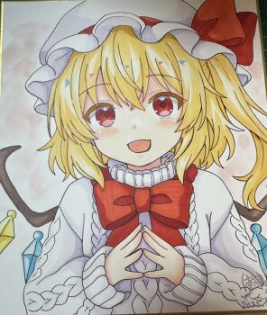 1girl alternate_costume blonde_hair bow bowtie commentary_request crystal crystal_wings dated flandre_scarlet hat highres hoshi_tea_party long_hair long_sleeves looking_at_viewer mob_cap multicolored_wings one_side_up open_mouth own_hands_together photo_(medium) red_bow red_bowtie red_eyes shikishi signature smile solo sweater touhou traditional_media white_hat white_sweater wings