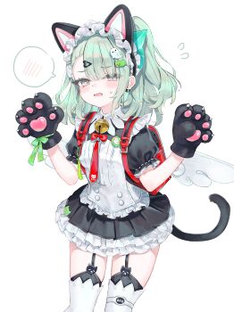 Rule 34 | 1girl, absurdres, animal ear hairband, animal ears, animal hands, bell, black dress, black garter straps, blush, cat ear hairband, cat ears, cat tail, cowboy shot, dress, earrings, fake animal ears, fake tail, fang, flying sweatdrops, frilled dress, frilled sleeves, frills, garter straps, ghost hair ornament, gloves, green eyes, green hair, hair ornament, hairband, hands up, heart, heart earrings, heart hair ornament, highres, jewelry, looking at viewer, maid, maid headdress, multiple hair clips, neck bell, official alternate costume, open mouth, paw gloves, ponytail, red bag, shouu-kun, simple background, solo, spoken blush, sunna (afternoon tea break) (zenless zone zero), sunna (zenless zone zero), sweatdrop, tail, tearing up, white background, white wings, winged bag, wings, zenless zone zero