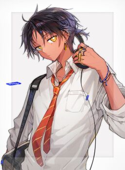 1boy alternate_costume arknights bag black_hair bracelet breast_pocket closed_mouth collared_shirt commentary dark-skinned_male dark_skin earrings headphones headphones_around_neck highres holding jewelry looking_at_viewer male_focus necktie pocket ponytail ring school_bag shirt short_ponytail simple_background solo striped_necktie thorns_(arknights) upper_body white_shirt xiu_xxx_wu yellow_eyes