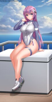 1girl absurdres blue_eyes blue_hair blue_sky braid breasts cloud day full_body highleg_springsuit highres horizon large_breasts long_hair long_sleeves midnight_(banyex) multicolored_hair ocean original outdoors purple_hair railing shoes side_braids sky solo springsuit streaked_hair twin_braids two-tone_springsuit watermark web_address white_shoes white_springsuit