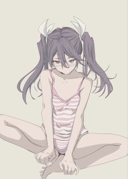 1girl barefoot black_hair brown_eyes butterfly_sitting camisole chakoru full_body grey_background hair_between_eyes hair_ribbon highres kantai_collection long_hair panties pink_camisole pink_panties ribbon sitting solo striped_camisole striped_clothes striped_panties tone_(kancolle) twintails underwear