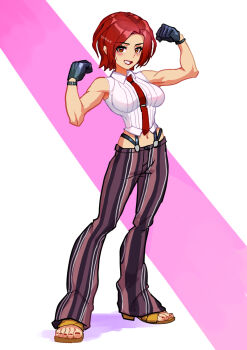 1girl breasts feet female_focus formal_clothes gloves highres huge_breasts large_breasts looking_at_viewer pale_skin red_eyes red_hair shirt short_hair smile standing the_king_of_fighters vanessa_(kof) white_shirt yukinoshin_f yukinoshinf