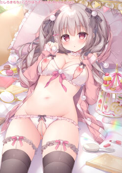 1girl :o black_bow black_thighhighs blush bow bra breasts cake cleavage collarbone commentary_request copyright_notice cosmetics cowboy_shot cupless_bra food frilled_panties frilled_pillow frills grey_hair hair_between_eyes hair_bow hair_brush hands_up jacket large_breasts lipstick_tube long_hair long_sleeves looking_at_viewer macaron navel nipples on_bed open_clothes open_jacket open_mouth original panties pearl_thong pillow pink_jacket red_eyes sandwich shirosei_mochi sleeves_past_wrists solo swiss_roll thigh_strap thighhighs tiered_tray twintails underwear white_bra white_panties