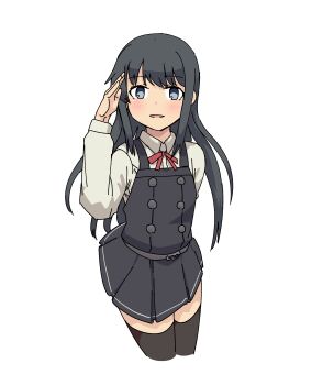 1girl absurdres asashio_(kancolle) belt black_hair black_thighhighs blue_eyes buttons highres kantai_collection long_hair long_sleeves neck_ribbon pleated_skirt red_ribbon ribbon rockborder salute school_uniform shirt simple_background skirt suspender_skirt suspenders thighhighs white_shirt