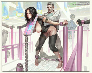 2boys 3girls barefoot bent_over black_hair breasts chain clair_obscur:_expedition_33 earrings grey_jacket hetero jacket jewelry large_breasts long_hair lune_(clair_obscur:_expedition_33) multiple_boys multiple_girls nipples open_clothes open_jacket original pantyhose rape sabu_(sabudenego) sex sex_from_behind shiny_skin short_hair standing standing_sex torn_clothes torn_pantyhose