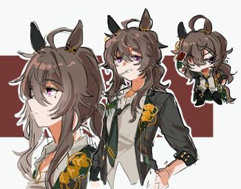 Rule 34 | 1girl, ahoge, animal ears, black necktie, brown hair, card, closed mouth, collared shirt, ear covers, gloves, hair between eyes, highres, holding, holding card, horse ears, horse girl, horse tail, jacket, lollipop in mouth, long hair, long sleeves, looking at viewer, nakayama festa (festival game) (umamusume), nakayama festa (umamusume), necktie, one eye closed, open clothes, open jacket, open mouth, pants, playing card, purple eyes, roroko momo, shirt, single ear cover, single glove, smile, tail, umamusume