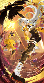 1other 2girls absurdres animal_ear_fluff animal_ears asymmetrical_gloves belion_(zenless_zone_zero) bird black_bird black_unitard blonde_hair boots bow colored_inner_hair elbow_gloves fake_claws gloves green_eyes grey_hair hair_ornament hairpin high-waist_shorts highres jacket ju_fufu kinaco_4738 looking_at_another looking_down looking_to_the_side multicolored_hair multiple_girls orange_fur shorts single_elbow_glove single_hair_intake single_thighhigh striped_fur striped_hair tail tail_bow tail_ornament thigh_strap thighhighs tiger_ears tiger_girl tiger_stripes tiger_tail uneven_gloves white_boots yellow_background yellow_eyes yellow_jacket yin_yang_pin yixuan_(zenless_zone_zero) zenless_zone_zero