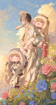 1boy 2girls absurdres black_hair blitz_predator blonde_hair blue_flower blue_rose blush_stickers carrying cassock chibi clerical_collar closed_eyes crown detached_sleeves dress drooling erpin_(trickcal) flower highres leader_(trickcal) long_hair long_sleeves mouth_drool multiple_girls ner_(trickcal) nun open_mouth outdoors parted_bangs piggyback pink_flower pink_rose priest rose saliva shirt short_hair skirt sleeping smile standing thighhighs trickcal very_long_hair white_dress white_shirt white_thighhighs wings