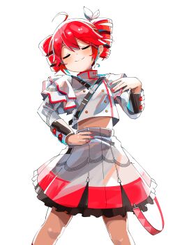 Rule 34 | absurdres, ahoge, belt, black belt, blush, bow, buttons, closed eyes, closed mouth, double-breasted, drill hair, feet out of frame, fingernails, grey jacket, grey shirt, hair between eyes, hair bow, hair ribbon, hand on own hip, hand up, highres, jacket, kasane teto, kasane teto (sv), layered skirt, layered sleeves, long sleeves, midriff peek, mp777b, red eyes, red nails, red skirt, red trim, ribbon, shirt, shoulder belt, simple background, skirt, smile, striped clothes, striped jacket, striped skirt, synthesizer v, twin drills, utau, white background, white bow, white ribbon