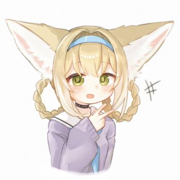 Rule 34 | animal ears, arknights, blue hairband, blush, braid, braided hair rings, cropped torso, fox ears, fox girl, green eyes, hair rings, hairband, highres, infection monitor (arknights), muyanmi, smile, suzuran (arknights), v