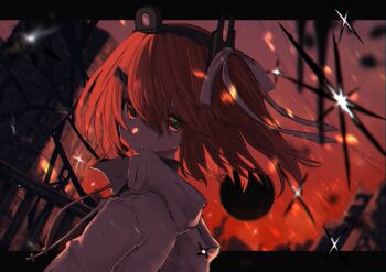 1girl a.i._voice absurdres adachi_rei closed_mouth commentary dark double-parted_bangs drawstring floating_hair hair_between_eyes hair_ornament hair_ribbon hairpin highres hood hood_down hooded_jacket jacket l_mipa looking_at_viewer medium_hair one_side_up orange_eyes orange_hair orange_sky orange_theme outdoors radio_antenna ribbon sky utau white_jacket white_ribbon