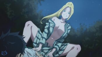 1boy 1girl assertive_female beatrix_amerhauser black_hair blonde_hair blue_eyes blurry blurry_background breasts girl_on_top green_eyes green_kimono grin hetero high_ponytail implied_sex japanese_clothes keihh kimono large_breasts long_hair looking_at_another naughty_face navel night night_sky off_shoulder open_clothes open_kimono outdoors paid_reward_available ponytail seductive_smile sidelocks sky smile squatting_cowgirl_position star_(sky) tendou_akira tree yukata zom_100:_zombie_ni_naru_made_ni_shitai_100_no_koto