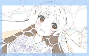 2girls blush brown_eyes brown_hair commentary_request dress embarrassed female_pov flat_chest hand_on_another's_face highres idolmaster idolmaster_cinderella_girls long_hair looking_to_the_side multiple_girls papiyon1297 pov solo_focus tachibana_arisu water wet wet_clothes wet_hair yuri