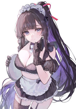 1girl absurdres arl black_bra black_gloves black_hair black_skirt bra breasts cleavage collarbone colored_inner_hair commentary cowboy_shot detached_sleeves frilled_bra frilled_skirt frills garter_straps gloves grey_eyes hair_ribbon highres holding holding_tray large_breasts long_hair looking_at_viewer maid_headdress multicolored_hair neck_ribbon original purple_hair red_ribbon ribbon short_sleeves simple_background skirt smile solo standing thighhighs tray two-tone_hair underwear very_long_hair white_background white_ribbon