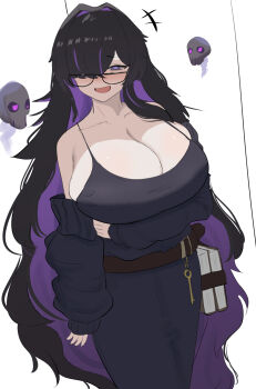 1girl absurdres black_cardigan black_dress black_hair blush book breasts cardigan cleavage colored_inner_hair dress glasses goddess_of_victory:_nikke hair_over_one_eye highres huge_breasts key label_(nikke) long_hair multicolored_hair nykaani open_mouth purple_eyes purple_hair skull smile solo two-tone_hair very_long_hair white_background