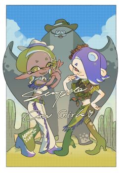 1boy 2girls alternate_costume belt big_man_(splatoon) blonde_hair blue_sky boots cactus collared_shirt cowboy_boots cowboy_hat dark-skinned_female dark_skin desert fangs finger_gun frye_(splatoon) full_body hair_over_one_eye hand_on_own_hip hat highres looking_at_another multiple_girls navel nintendo outdoors piiiiiiidesu red_eyes shirt shiver_(splatoon) sky smile splatoon_(series) splatoon_3 tentacle_hair tied_shirt