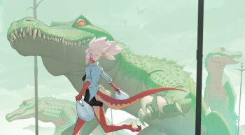 1girl animal animal_feet bag bike_shorts black_sports_bra blue_shirt chitei_(rai32019) claws clothing_cutout colored_skin commentary crocodile crocodilian drooling english_commentary furry furry_female highres holding holding_bag lizard_tail open_clothes open_shirt original outdoors oversized_animal plastic_bag red_skin reptile_girl running shirt sky sleeves_rolled_up sports_bra tail tail_through_clothes teeth twintails white_hair